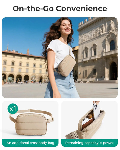 Woman wearing beige crossbody bag in sunny outdoor setting, beside images of bag and interior showing phone and accessories.