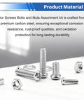 495 Pcs SAE And Metric Nuts And Bolts Kit With 26 Sizes M3 M4 M5 To 10 To 24 Pan Head Fasteners And Washers Material Display