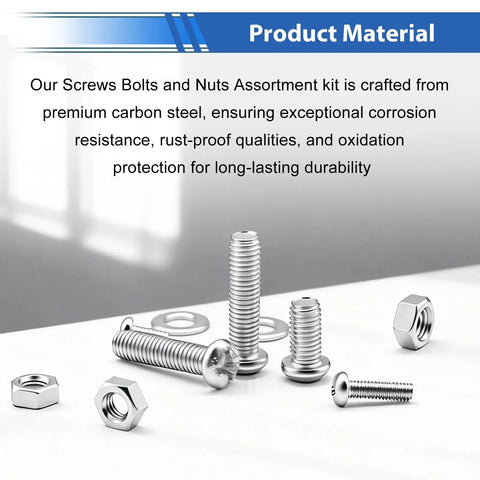 495 Pcs SAE And Metric Nuts And Bolts Kit With 26 Sizes M3 M4 M5 To 10 To 24 Pan Head Fasteners And Washers Material Display