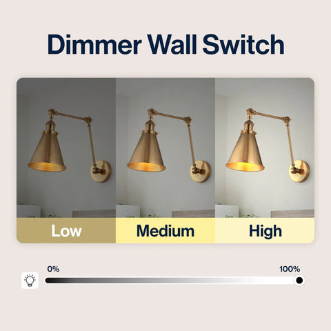 Gold Brass Industrial Swing Arm LED Wall Sconce For Bedroom And Reading Nook, Adjustable Metal Shade with dimmer switch settings