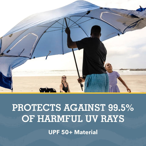 Man holding 8-foot UPF 50 Plus Go-To Sun And Rain Canopy Umbrella For Beach, Sports, And Camping on beach, protecting from sun.