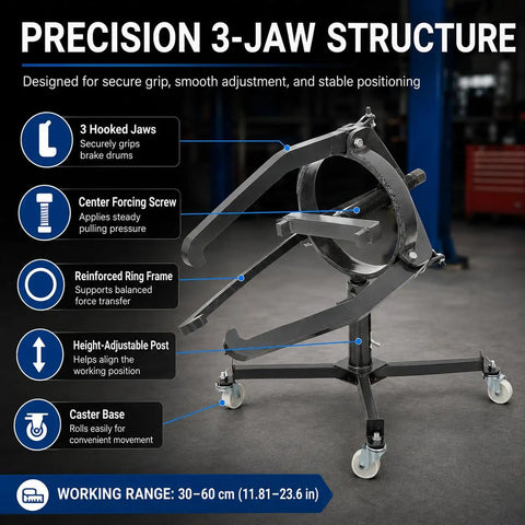 Beefy Three Jaw Brake Drum Puller With Adjustable Arms And Four Caster Legs For Cars And Trucks, Heavy Duty Rotor Tool