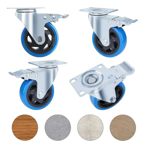 Four Inch Heavy Duty Swivel Caster Wheels With Dead Lock Brakes And Silent Non Marking Polyurethane Tires for various floor surfaces.