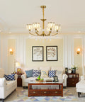 Gold Wagon Wheel Chandelier With 6 Lights, Clear Crystal Shades, Nordic Modern Mid Century Hanging Pendant Light Fixture in living room