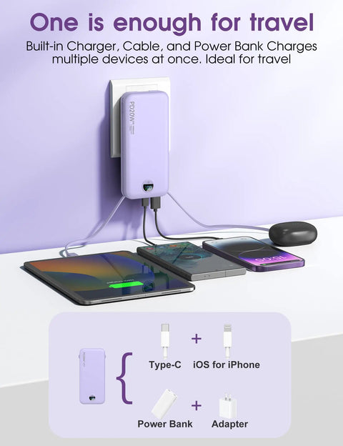 Dope 10000mAh Portable Charger With Built In Cables And Wall Plug PD20W Fast Charging Power Bank for multiple devices.