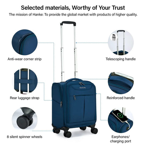 Ultra Lightweight 16 Inch Underseat Carry On Luggage With 360 Degree Spinner Wheels, FAA Approved For All Cabins, Blue features