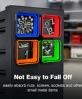 Four 4.5 inch collapsible silicone tool trays on metal surface, holding screws and bolts, 4 Pack Collapsible Silicone Magnetic Tool Trays With Dual Sided Magnetic Base Foldable 4.5 Inch Square Bowls For Bolts Screws Nuts And Small Metal Parts Upgraded Strong Magnet For Secure Super Handy Hands Free Parts Organization.