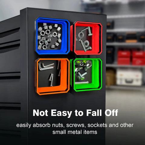Four 4.5 inch collapsible silicone tool trays on metal surface, holding screws and bolts, 4 Pack Collapsible Silicone Magnetic Tool Trays With Dual Sided Magnetic Base Foldable 4.5 Inch Square Bowls For Bolts Screws Nuts And Small Metal Parts Upgraded Strong Magnet For Secure Super Handy Hands Free Parts Organization.
