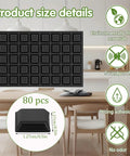 Eighty Piece Half Inch Square Self Adhesive Silicone Rubber Feet With Killer Non Slip Grip For Furniture Electronics And Appliances No Mess Peel Stick Bumper Pads That Hold Firm, display of 80 black square pads on a kitchen table.
