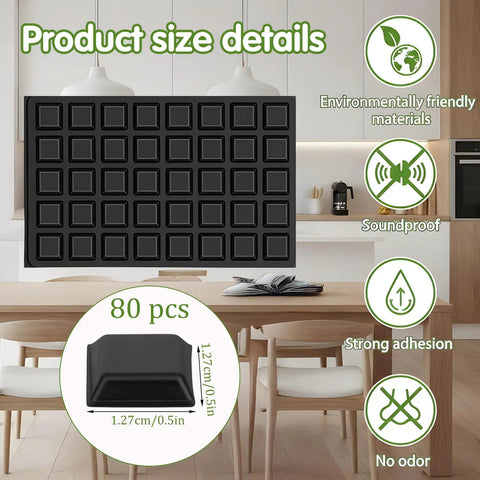 Eighty Piece Half Inch Square Self Adhesive Silicone Rubber Feet With Killer Non Slip Grip For Furniture Electronics And Appliances No Mess Peel Stick Bumper Pads That Hold Firm, display of 80 black square pads on a kitchen table.