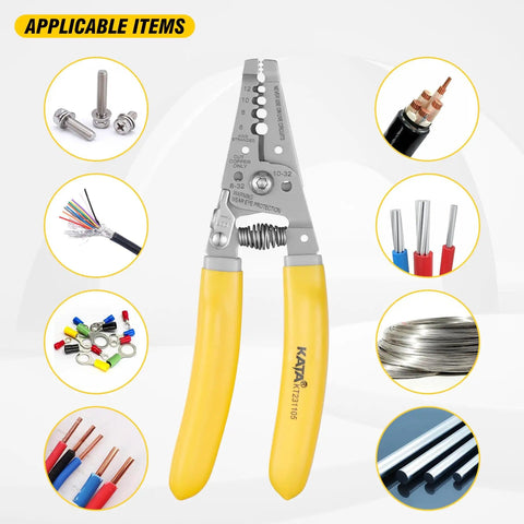 7 Inch Wire Stripper And Cutter Tool For 6 To 12 AWG Stranded Wire Crimping Pliers For 8 32 And 10 32 Screws Pro Grade Multi Function Electrician Stripping And Cutting Tool For Cable Work with yellow handles