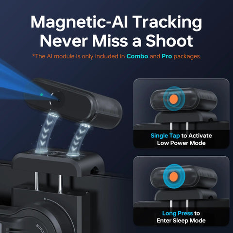 Close-up of Magnetic-AI module on Smooth 5S AI Combo 3 Axis Gimbal Stabilizer for iPhone 15 Pro Max and Android Smartphones.