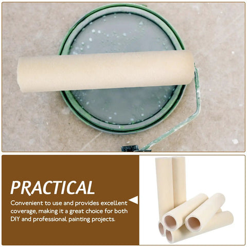 Image of 6 Piece Wool Paint Roller Covers With 4mm Nap resting on a green paint can with paint, showcasing compact wall painting supplies.