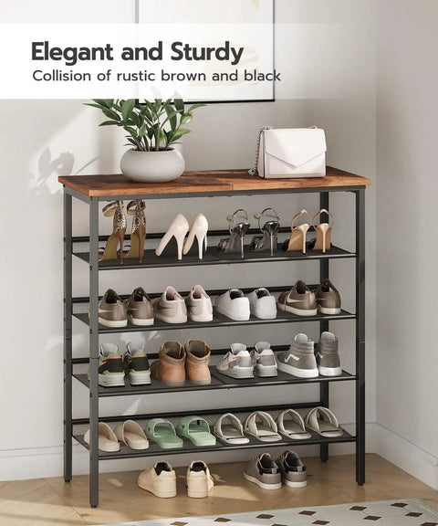 Five-Tier Entryway Shoe Rack With Adjustable Mesh Shelves Industrial Metal Design Holds 16-20 Pairs Of Shoes Floor Mount