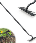 Manual Weeder Tool With 6 Tines Garden Rake And Sharp Blade, 55 Inch Long Handle, shown in use on grass and soil