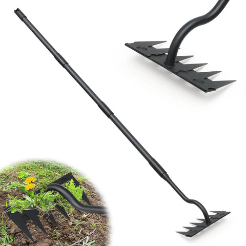 Manual Weeder Tool With 6 Tines Garden Rake And Sharp Blade, 55 Inch Long Handle, shown in use on grass and soil