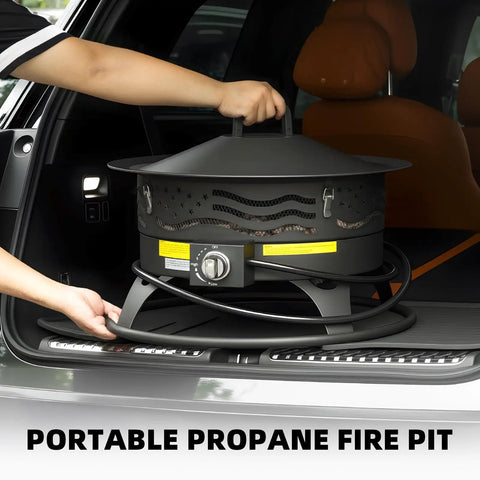 Person placing Smokeless 24 Inch Portable Propane Fire Pit With Grill Grate And Lid 60 000 BTU Outdoor Firepit into car trunk