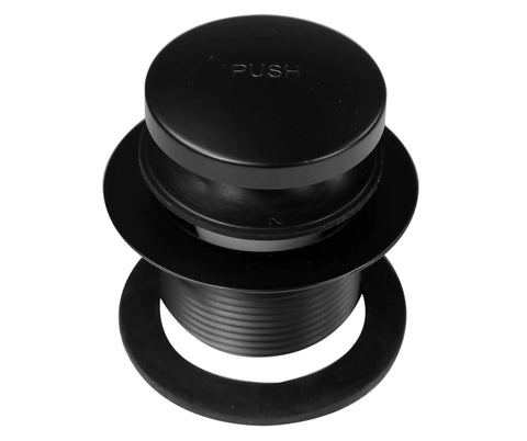 Tip Toe Schedule 40 PVC Bath Waste Assembly With One Hole Elbow Matte Black Finish Tub Drain Plug Faceplate And Brass Screws Includes 12 Inch By 4 Inch PVC Tubes For Easy Tub Upgrade. Top view of matte black push drain plug.