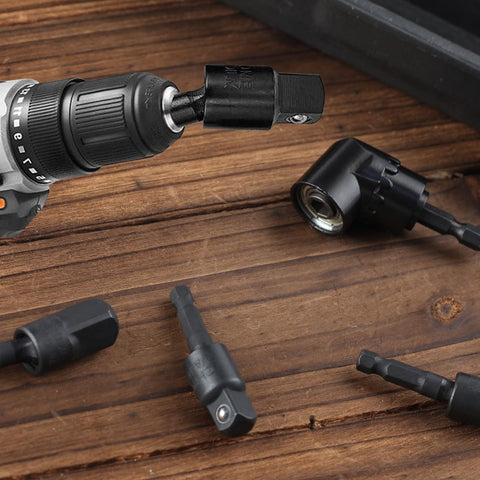 Go-To Flexible Drill Bit Extension Set With Right Angle Attachment 360 Degree Rotatable Includes One Quarter Inch One Three Eighths Inch One Half Inch Hex Shank Socket Adapters For Power Drill Driver Cordless Drill And Screwdriver