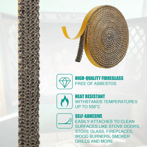 NQEUEPN fiberglass rope seal roll for fireplaces, 6.56 ft x 0.4 in x 0.08 in, self-adhesive gasket for wood stoves