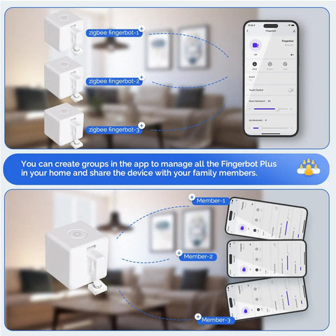 Zigbee Fingerbot Plus No Wiring Switch Smart Button Pusher With app interface and multiple device management features.