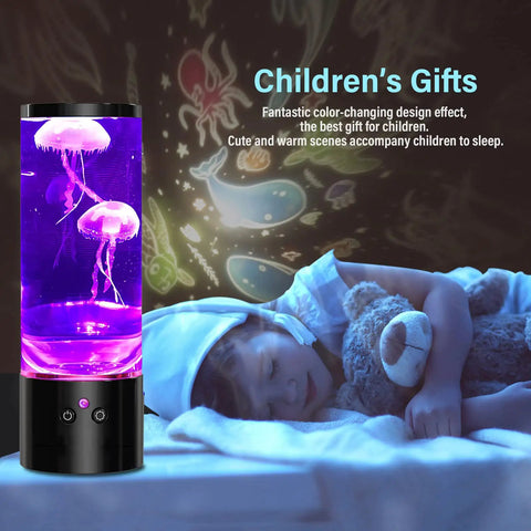 Jellyfish Lamp Liquid Table Lamp With Remote Control Color Changing Night Light For Aquarium Tanks beside sleeping child.