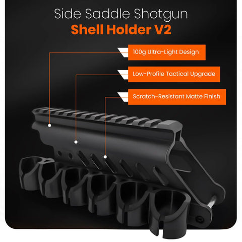 Side Saddle Shotgun Shell Holder V2 close-up showing 6-shell capacity and durable matte finish for Mossberg 500