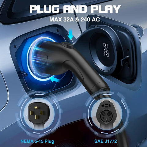 Level 2 EV Charger 32A 7.4 kW Portable With 25 Foot Cable ETL Certified SAE J1772 240 Volt NEMA 14 50 plug and play