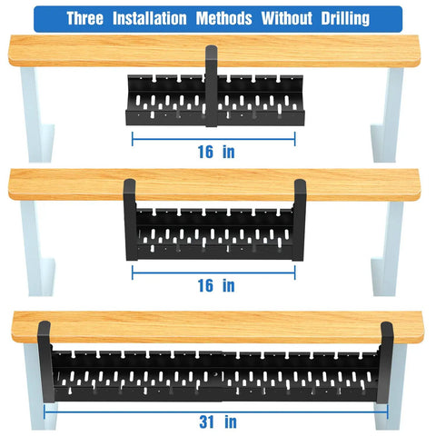 Extendable Under Desk Cable Management Tray With Clamp No Drill Metal Cable Organizer showing three installation methods.