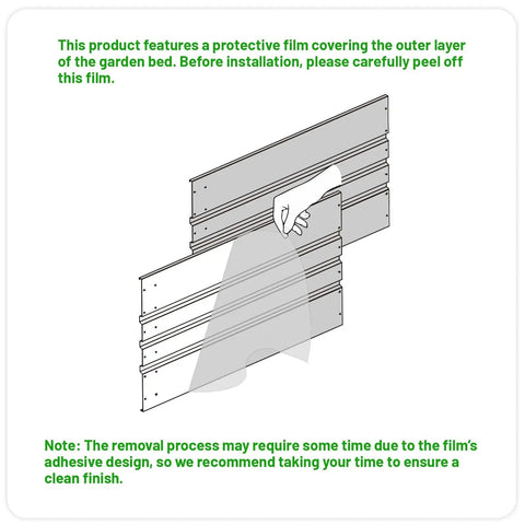 Illustration showing protective film being peeled from galvanized panel of Two Pack 4x2x2 Ft Raised Garden Beds Outdoor Galvanized Planter Boxes.