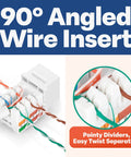 90 Degree Angled Cat6 Keystone Jacks 50 Pack In White with Slim Profile RJ45 Connectors showing wire insert