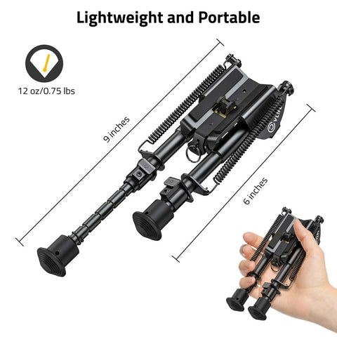 6 To 9 Inch Adjustable Rifle Bipod For Outdoor Use, Heavy Duty Steel And Aluminum Build, Quick Deploy Legs With 5 Settings in hand