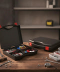 Durable Plastic Tool Box With Secure Latching System for grab-and-go storage of hardware, screws, and nails in a sturdy black container.