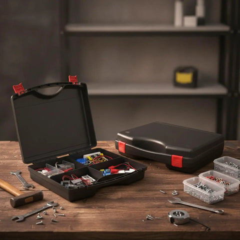 Durable Plastic Tool Box With Secure Latching System for grab-and-go storage of hardware, screws, and nails in a sturdy black container.