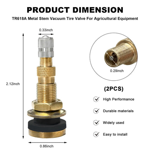 Two Pack TR618A Metal Valve Stems For Tubeless Tires High Flow Core For Fast Air And Liquid Filling, dimensions shown
