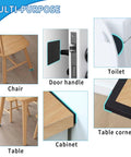 Premium Thick Furniture Pads 12 Piece Kit Features Heavy Duty Self Adhesive Non Slip Grippers shown on chair, table, door handle, toilet, and cabinet.