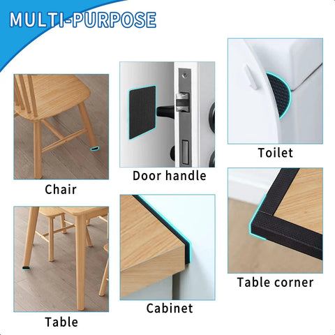 Premium Thick Furniture Pads 12 Piece Kit Features Heavy Duty Self Adhesive Non Slip Grippers shown on chair, table, door handle, toilet, and cabinet.