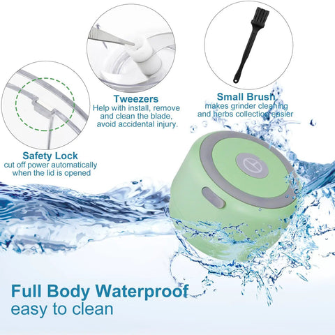 Electric Herb Grinder For Spice And Dry Herbs With 3.4 Ounce Capacity One Touch Operation For Fast Grinding Portable USB Charging Clear Viewing Chamber Includes Cleaning Brush And Tweezers Pale Green Gift Ready