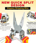 All In One Wire Stripper And Voltage Tester Pliers for AC DC Live Wire Testing, cutter and twister, showcasing blade and slide rail