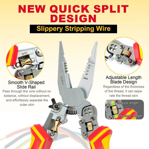 All In One Wire Stripper And Voltage Tester Pliers for AC DC Live Wire Testing, cutter and twister, showcasing blade and slide rail