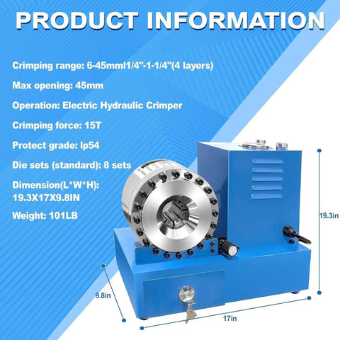 Built Tough Electric Hydraulic Hose Crimper With Eight Dies, portable design, 19.3in H, 17in W, crimping tool for tubing and pipes.