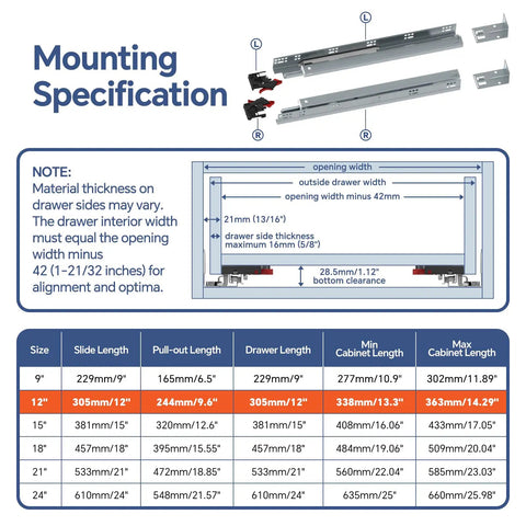 Mounting specifications for Top Shelf 12 Inch Undermount Drawer Slides With Smooth As Butter Soft Close Action hardware.