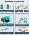 Heavy Duty Garage Staple 4.5 Cfm 1 3 Hp Vacuum Pump Paired With 3 Way Brass Ac Manifold Gauge Set For R134a R12 R22 HVAC Refrigerant Service Kit with Quick Connect Couplers and 4Ft Hoses Built Solid for Every Auto Job No Fuss, image of complete accessories including vacuum pump, quick couplers, manifold gauge, and hoses.
