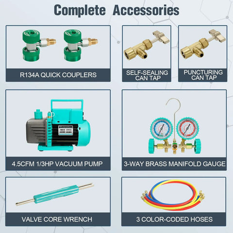 Heavy Duty Garage Staple 4.5 Cfm 1 3 Hp Vacuum Pump Paired With 3 Way Brass Ac Manifold Gauge Set For R134a R12 R22 HVAC Refrigerant Service Kit with Quick Connect Couplers and 4Ft Hoses Built Solid for Every Auto Job No Fuss, image of complete accessories including vacuum pump, quick couplers, manifold gauge, and hoses.