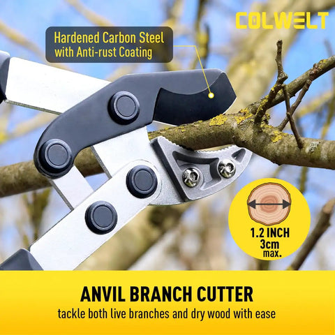 Compact 17 Inch Anvil Loppers And Hedge Shears 3 Piece Garden Pruning Set with branch cutter cutting a branch close-up