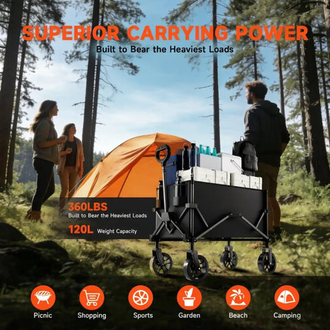 Collapsible Folding Wagon With Dual Cup Holders, Heavy Duty Utility Cart For Camping, Shopping, And Sports, Sturdy Steel Frame That Handles Up To 360 Pounds, Easy Fold And Go in a camping setting.