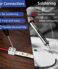 Comparison of solderless screw terminal with traditional soldering, featuring Forty Pack 2 Pin 8mm LED Strip Connectors.