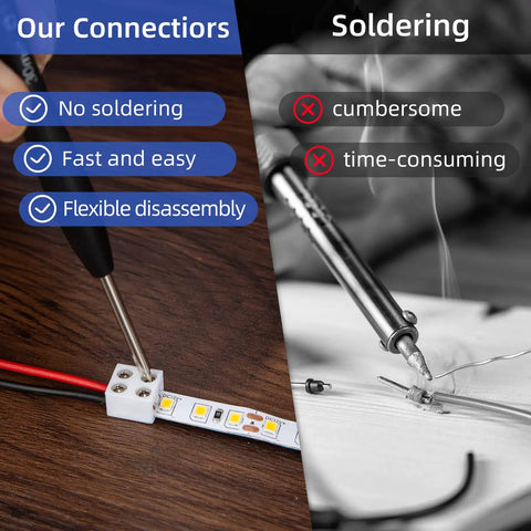 Comparison of solderless screw terminal with traditional soldering, featuring Forty Pack 2 Pin 8mm LED Strip Connectors.
