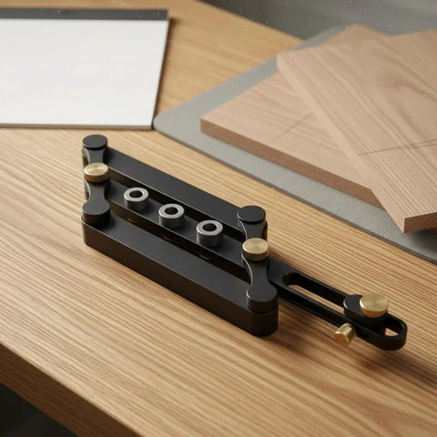 Precision Aluminum Dowel Jig Drill Guide For Smooth Cabinet Building And Diy Woodworking Joinery With Threaded Bushings on a wooden table.