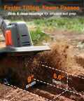 Powerful Cordless Tiller Cultivator For Gardening With 360 RPM Electric Motor 48 Steel Tines 9 Inch Tilling Width And 7 Inch Depth 21V Battery Powered Small Tiller For Soil Lawn And Garden Yard Work Made Easy in action, showcasing 9 inch width and 6.6 inch depth efficiency for soil preparation.